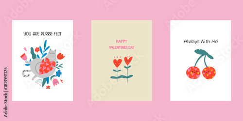 A set of Valentine's Day postcards. Modern doodle-style design Templates for celebrations, advertising, branding, banners, covers, labels, posters, sales