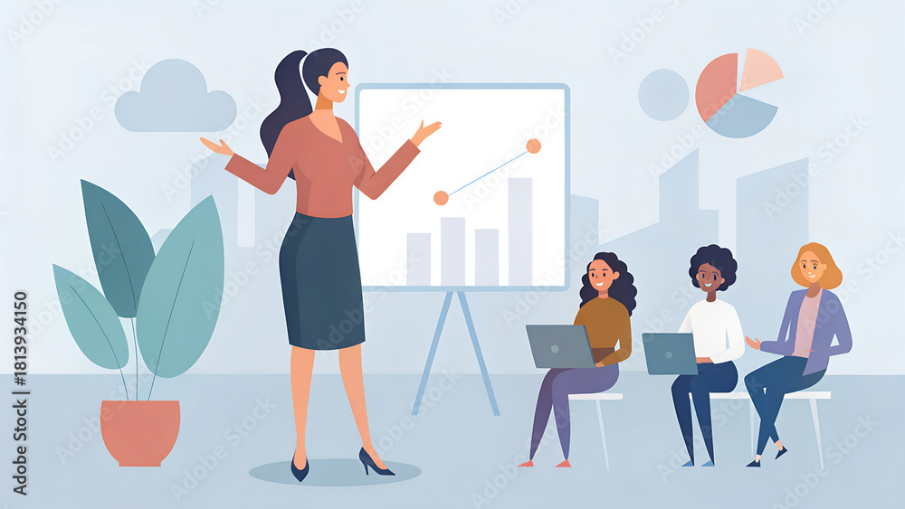 Fototapeta premium Dynamic businesswoman presenting business strategies to diverse audience in modern office, showcasing growth charts for successful company performance review