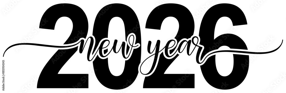 Obraz premium 2026 Brush Script New Year Greeting – Black Vector Lettering