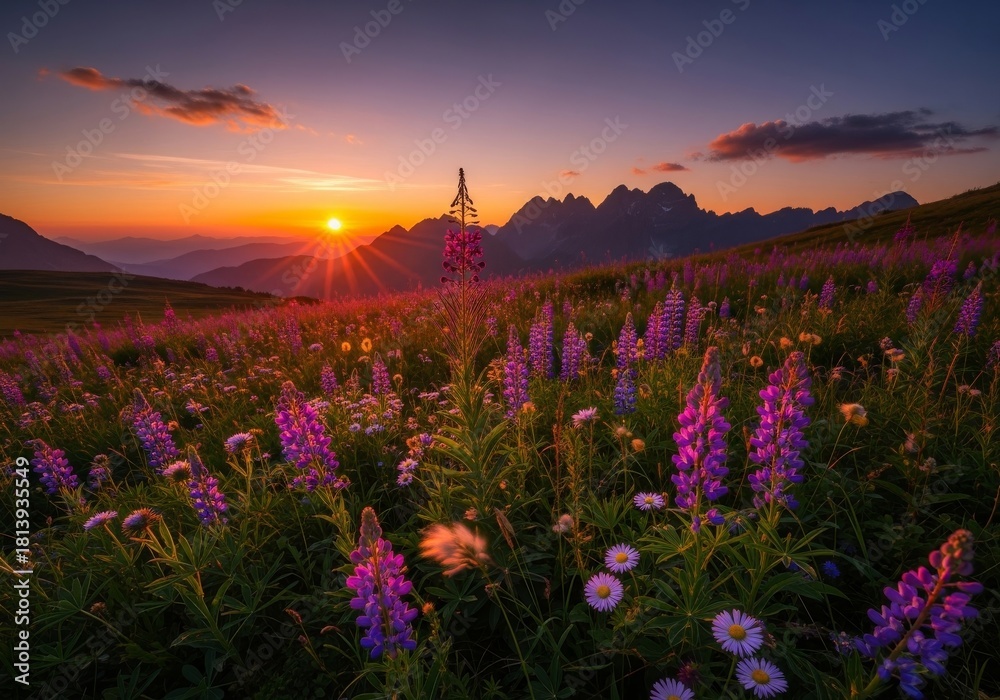 Fototapeta premium Field of Lupine Flowers at Sunset - Lupine meadow meets the horizon. The sunset signifies hope, the lupines represent imagination, the mountains strength, the meadow growth, and the sky symbolizes