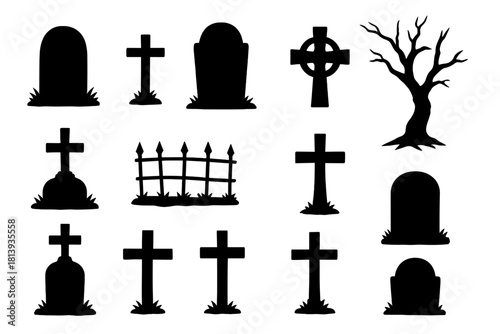 Spooky Halloween cemetery silhouettes set featuring tombstones, crosses, and a dead tree