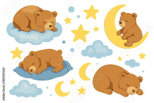 Adorable sleeping teddy bears resting on clouds and moons surrounded by stars