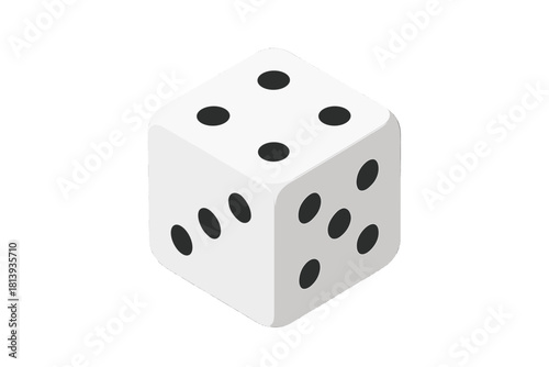 Single white six-sided die showing three, four, and five pips in isometric perspective