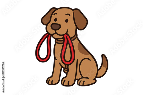 Adorable cartoon puppy sitting patiently with a red leash in its mouth waiting for a walk