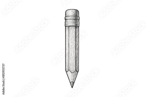 Detailed black and white drawing of a short wooden pencil with an eraser