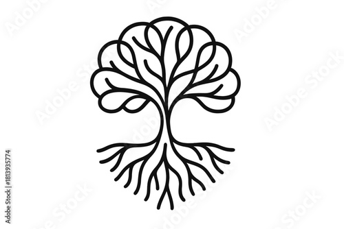 Minimalist black stylized tree with roots and circular canopy representing nature and growth