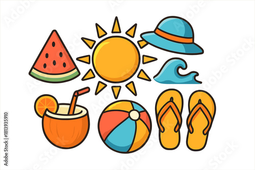 Colorful summer vacation elements set with sun, watermelon, beach hat, and flip-flops