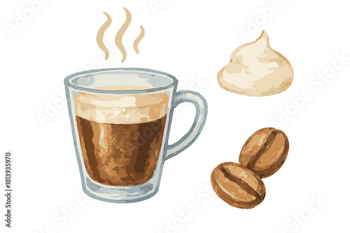 Watercolor style coffee cup with espresso, steam, whipped cream, and roasted beans