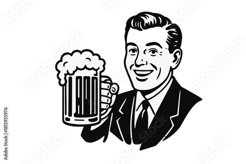 Vintage smiling gentleman raising a large mug of beer with foam in a celebratory toast