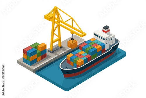 Isometric cargo port terminal with container ship and yellow gantry crane loading freight boxes