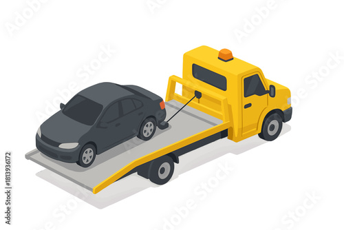 Yellow flatbed tow truck transporting a dark sedan car for roadside assistance service