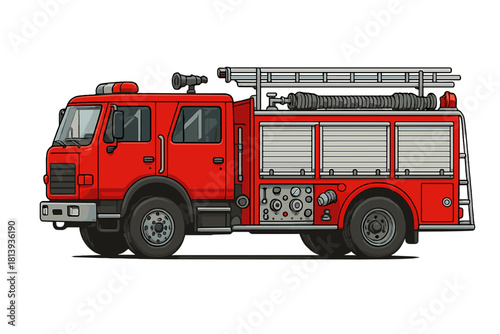 Bright red fire engine truck with ladder and hose equipment for emergency response