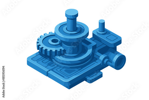 Isometric blue mechanical assembly featuring gears, shafts, and complex industrial components