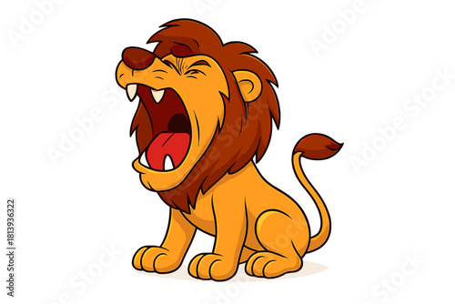 Adorable cartoon lion cub sitting down and roaring fiercely with a wide open mouth