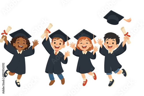 Happy diverse children jumping and celebrating graduation with diplomas