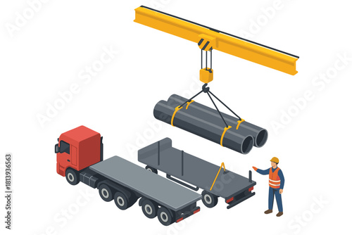 Gantry crane lifting heavy metal pipes onto a flatbed truck trailer supervised by a construction worker