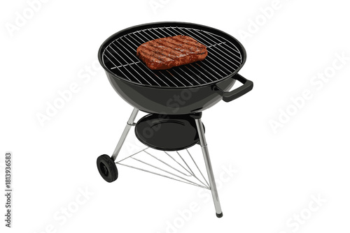 Black kettle charcoal grill cooking a grilled steak on the grate isolated on white background