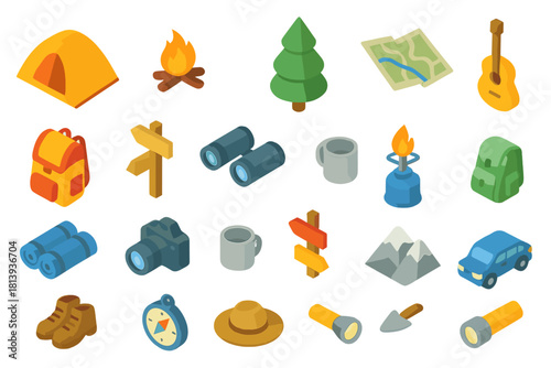 Isometric collection of essential camping and hiking equipment for outdoor adventure activities