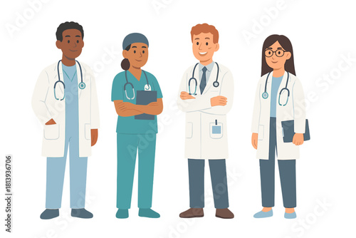 Diverse group of medical professionals standing together including doctors and nurses