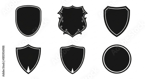 Shield Silhouette Vector Showing Border and Contour Variations — Simple, Ornate, Pointed, Rounded

