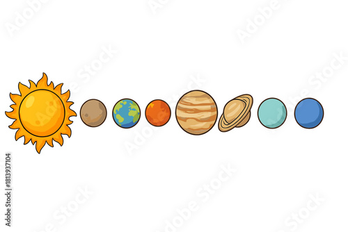 The Sun and eight planets of the solar system aligned in cosmic order on a clean white background
