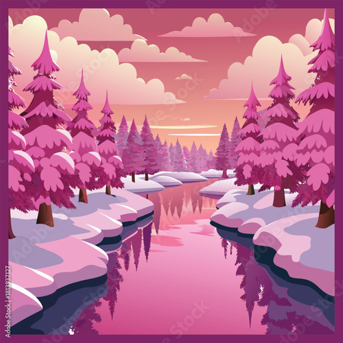 Winter landscape in pink tones with hoarfrost everywhere.Mostly calm winter river, surrounded by trees covered with hoarfrost and snow that falls on a beautiful pink morning light.
