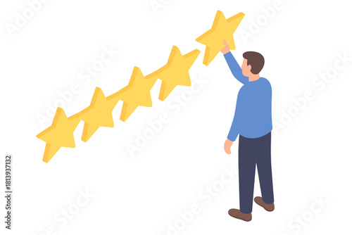Man placing final star on five-star rating system for customer satisfaction concept