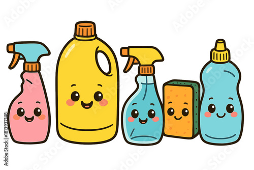 Adorable kawaii cleaning products set with detergent bottles, sprayers, and sponge