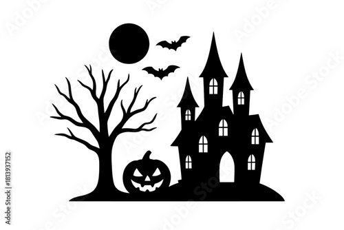 Haunted house silhouette with dead tree, jack-o-lantern, full moon, and flying bats