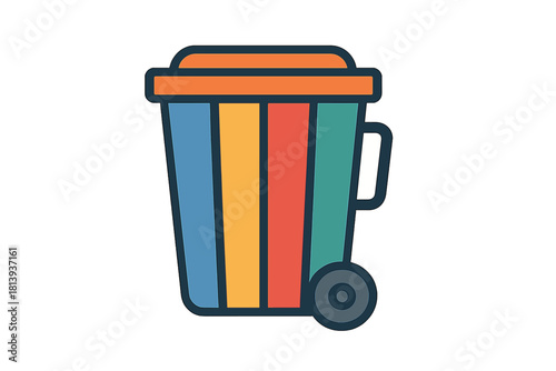 Colorful striped wheeled trash can for waste management and recycling
