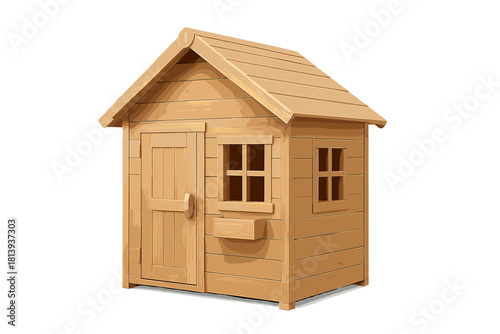 Detailed wooden children's playhouse with pitched roof isolated on white background