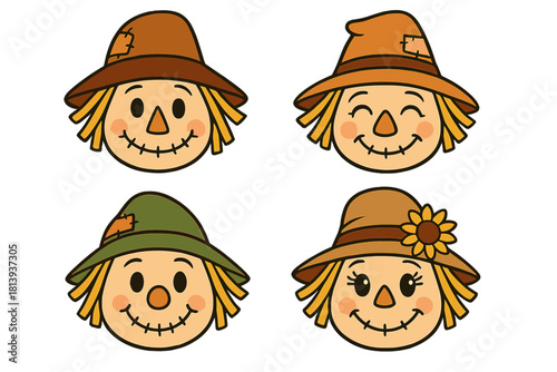Four adorable smiling scarecrow faces wearing patched hats for fall and Halloween designs