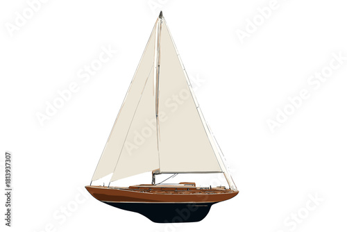 Classic wooden sailboat yacht with large white sails isolated on a clean background