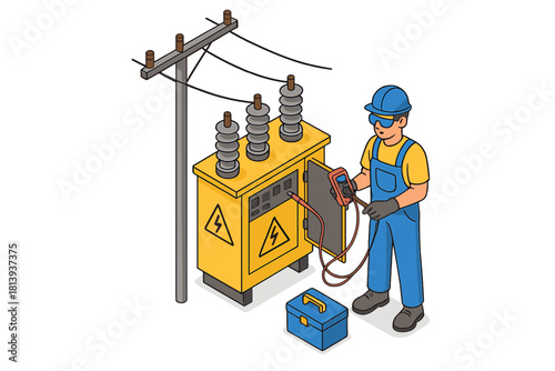 Electrician performing maintenance and diagnostic testing on a yellow power transformer box near a utility pole