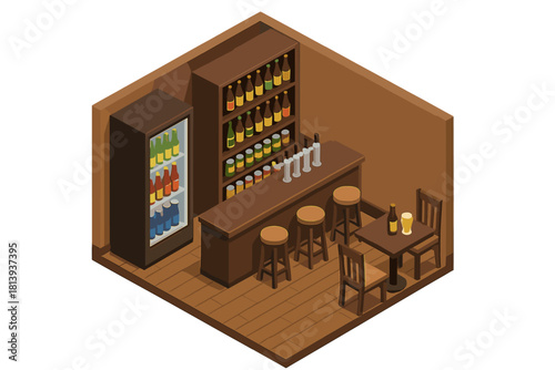 Cozy pub interior in isometric perspective featuring a bar counter, beer taps, stools, and dining table