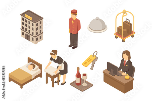 Isometric hotel service icons featuring staff, building, room service, and luggage cart