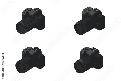 Four black isometric digital cameras professional photography equipment icons