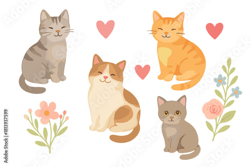 Set of adorable cats in watercolor style surrounded by pink hearts and spring flowers