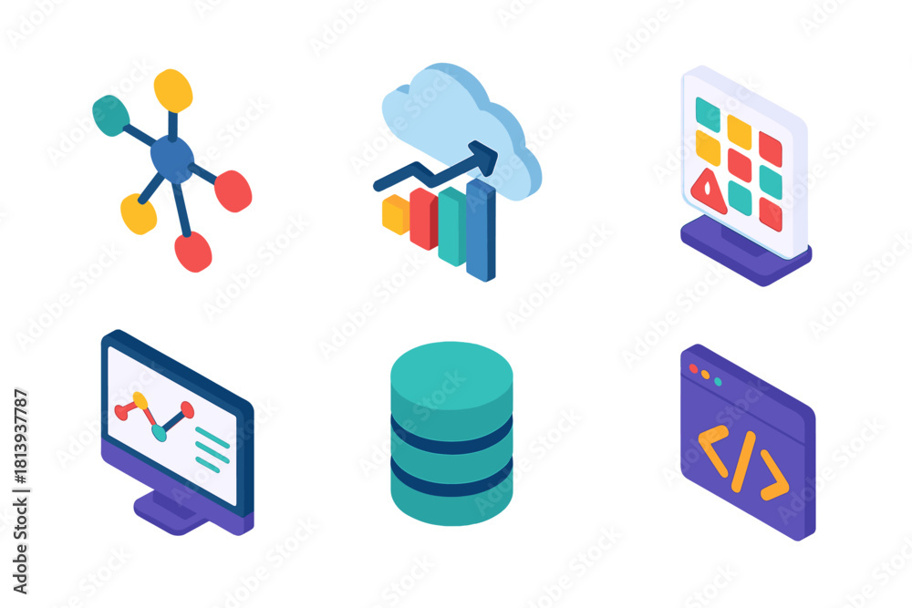 Fototapeta premium Isometric symbols representing data analysis, cloud storage, networking, and web development