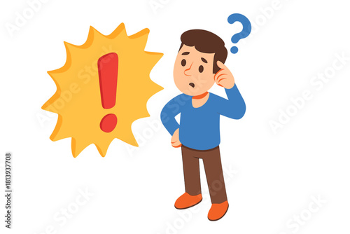 Puzzled man facing a warning sign and a question mark symbolizing confusion and dilemma