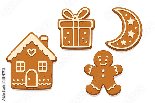 Set of delicious Christmas gingerbread cookies including house, man, gift box, and crescent moon
