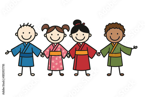 Diverse group of smiling children holding hands in traditional Japanese attire