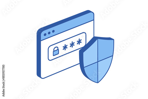 Isometric security shield protecting a digital login form with a masked password field