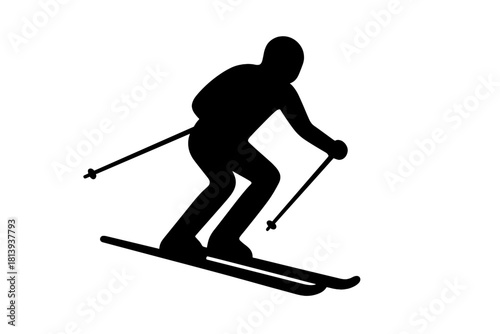 Black silhouette of a downhill skier performing a turn on skis with poles