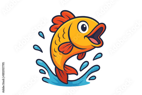 Happy cartoon fish jumping high above the water surface creating a dynamic splash