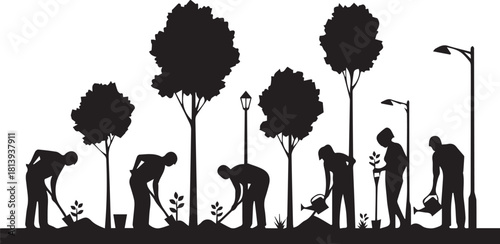 Silhouettes of people planting trees and gardening in park for international volunteer day