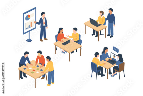 Diverse business teams collaborating in various isometric meeting and presentation settings