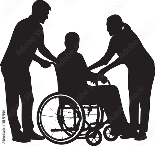 Silhouettes of people helping in a wheelchair celebrating international volunteer day concept