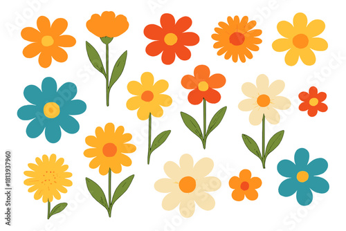 Vibrant retro daisy flowers and abstract floral designs with stems and leaves