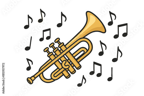 Golden brass trumpet wind instrument surrounded by floating musical notes and symbols